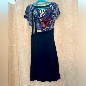 Desigual Navy Blue and Patterned Cowl Neck Short Sleeve Dress